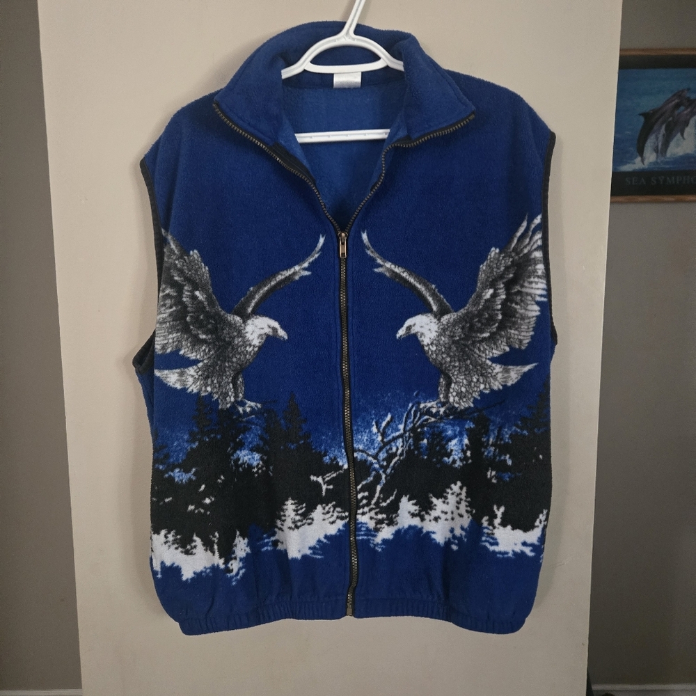 Vintage Eagle Print Fleece Vest Wildlife Large Unisex Men Wome Mountain Canada